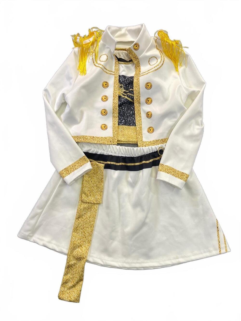 Girls Ringmaster Marching Band Dance Costume Set White Gold Fringe Epaulet Skirt